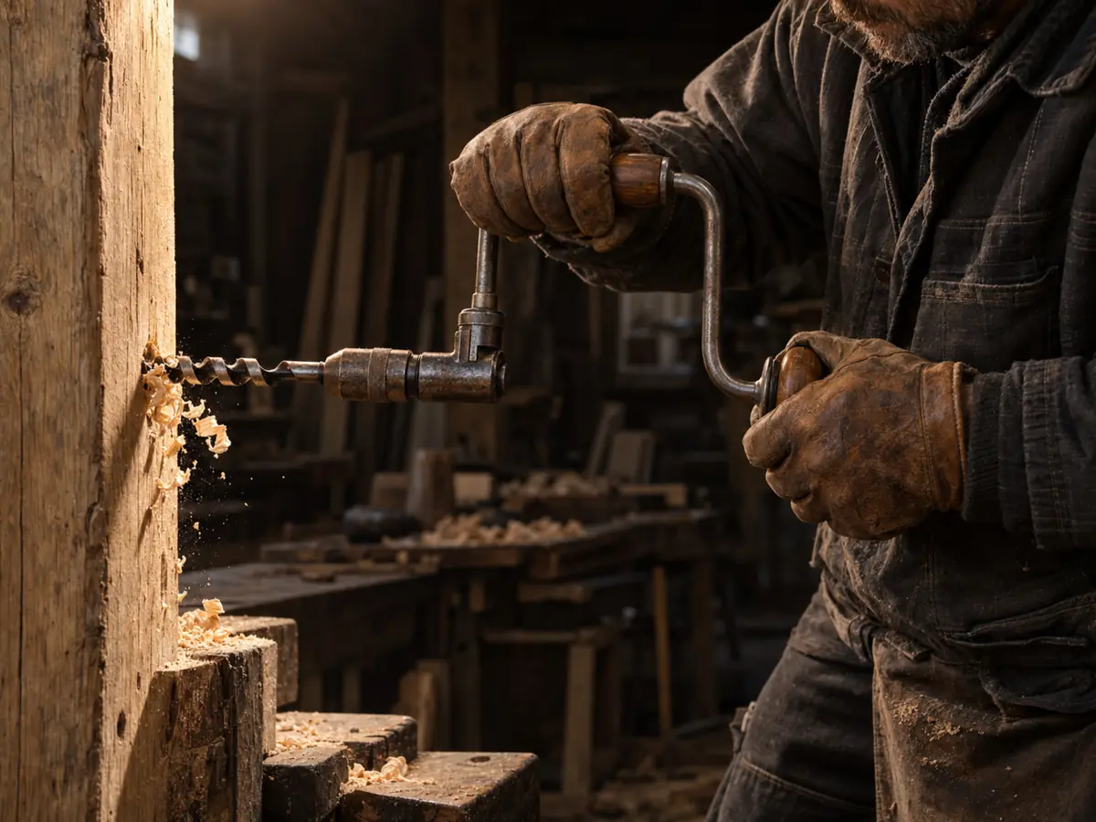 A worker turning a manual hand-crank drill into a wooden beam
