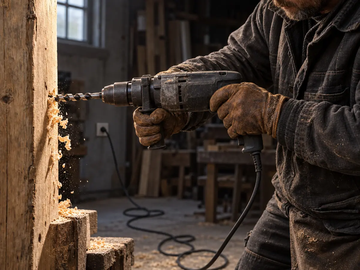 A corded drill tethered to a wall outlet