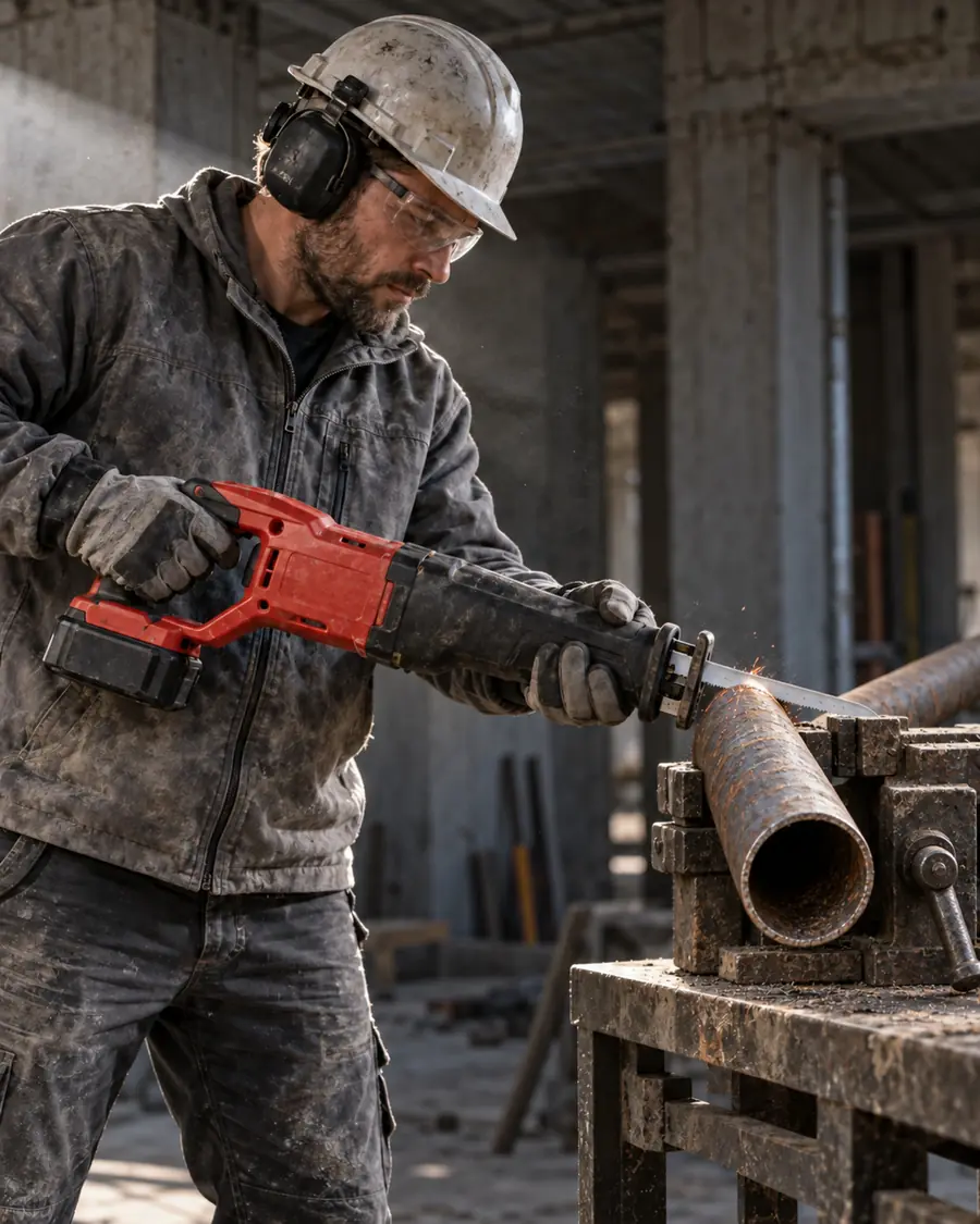 A cordless reciprocating saw tested on a metal pipe