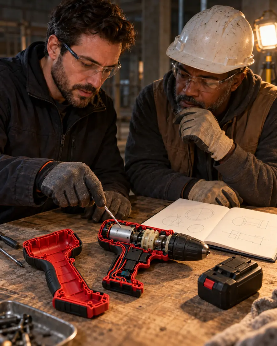 An engineer and a worker examining a disassembled cordless drill
